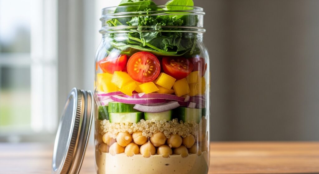 Salada-de-Grao-de-Bico-e-Quinoa-no-Pote-Vegana-1024x559 Salada no Pote: Como Montar 5 Refeições Completas, Práticas e Deliciosas para a Semana